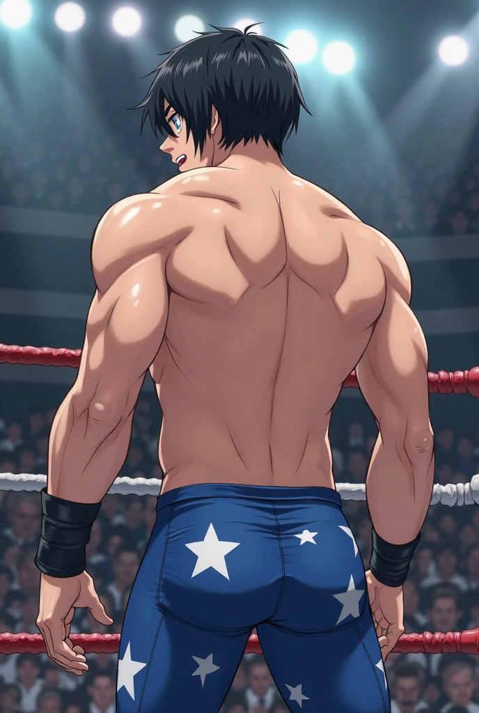 (highest quality:1.5), (masterpiece:1.5), (Professional Wrestling Rings:1.2), (Japanese:1.1), (messy hair:1.2), macho, (huge body:1.2), 36 years old, (white speedo:1.2), Puzzled look, Composition from below, crawl on all fours