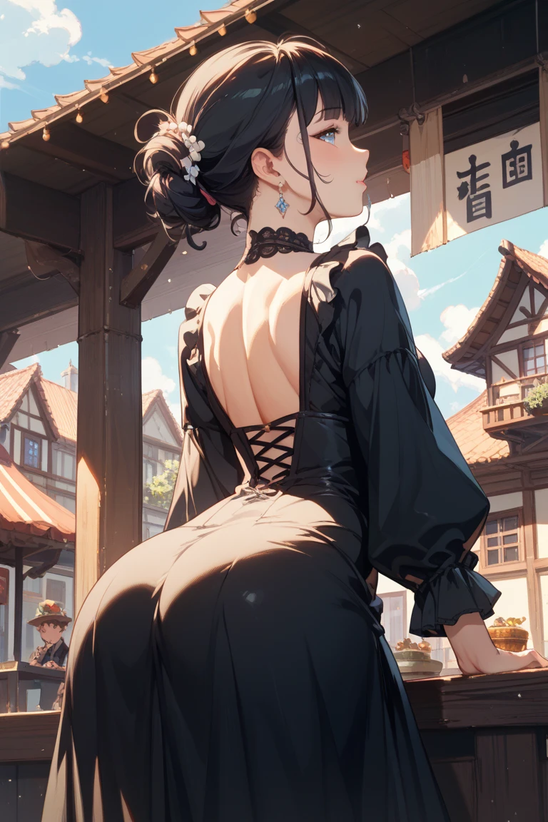 (((masterpiece))),(((High resolution)))、(((8K)))、(((perfect face)))、(((Korean idol)))、25 years old, ((off shoulder dress)), ((skirt)), look at the camera, thighs, ((top quality eyes)), ((detailed eyes)), ((detailed face)), (detailed texture), look at the camera, big tits, stairs, back, (ass), panty, low angle