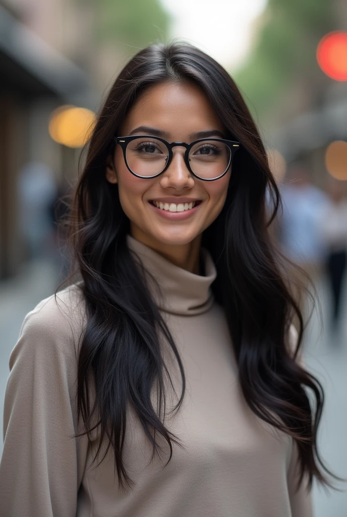 Make me a Latin American girl with long, chocolate-colored hair and laughter., WITH BLACK LENSES, a little acne, normal dark black eyes, in a tightly knit white sweater with black edges, White shirt, black pants and black leather boots