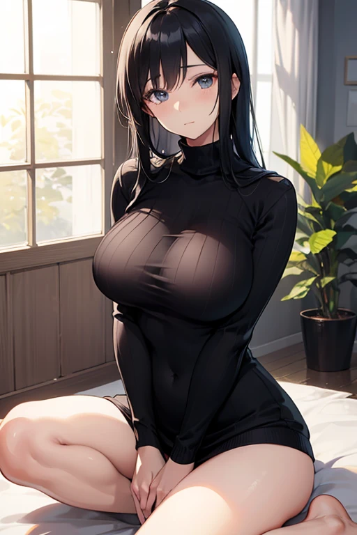 Skin Tight Black Top:1.2, Looking at Viewer, Cinematic lighting, Perfect, softlight, High resolution skin:1.2, Realistic skin texture, 14years、a small face、no-makeup、, off shoulders,Bust B Cup、Small cleavage, Blue eyes, Bun hair, dark brown hair、fullnude、Gray background、