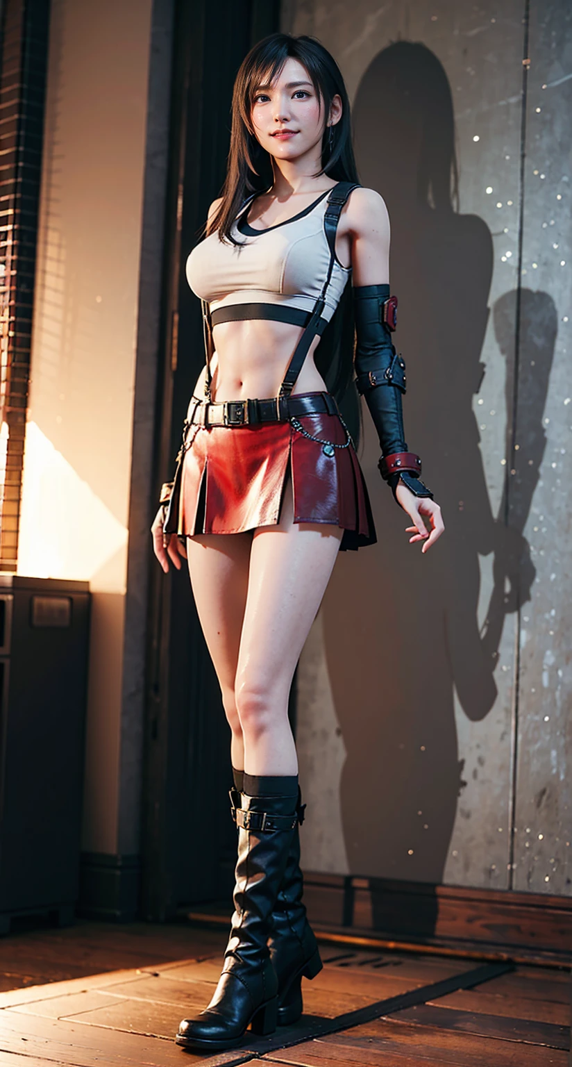 (8K、RAW Photos、Highest quality、masterpiece:1.2)、(Highest quality、Realistic)、1 Girl、((ガーターbelt、Side Ponytail、Tube top、Arm Covers、Ninja costume、mini skirt、Black and Red、tights、Belly button、Gloves、belt、ribbon、See-through、Thin legs、whole body、boots、City of night、View from the front、Looking into the camera、Stand with hands on hips))、cute