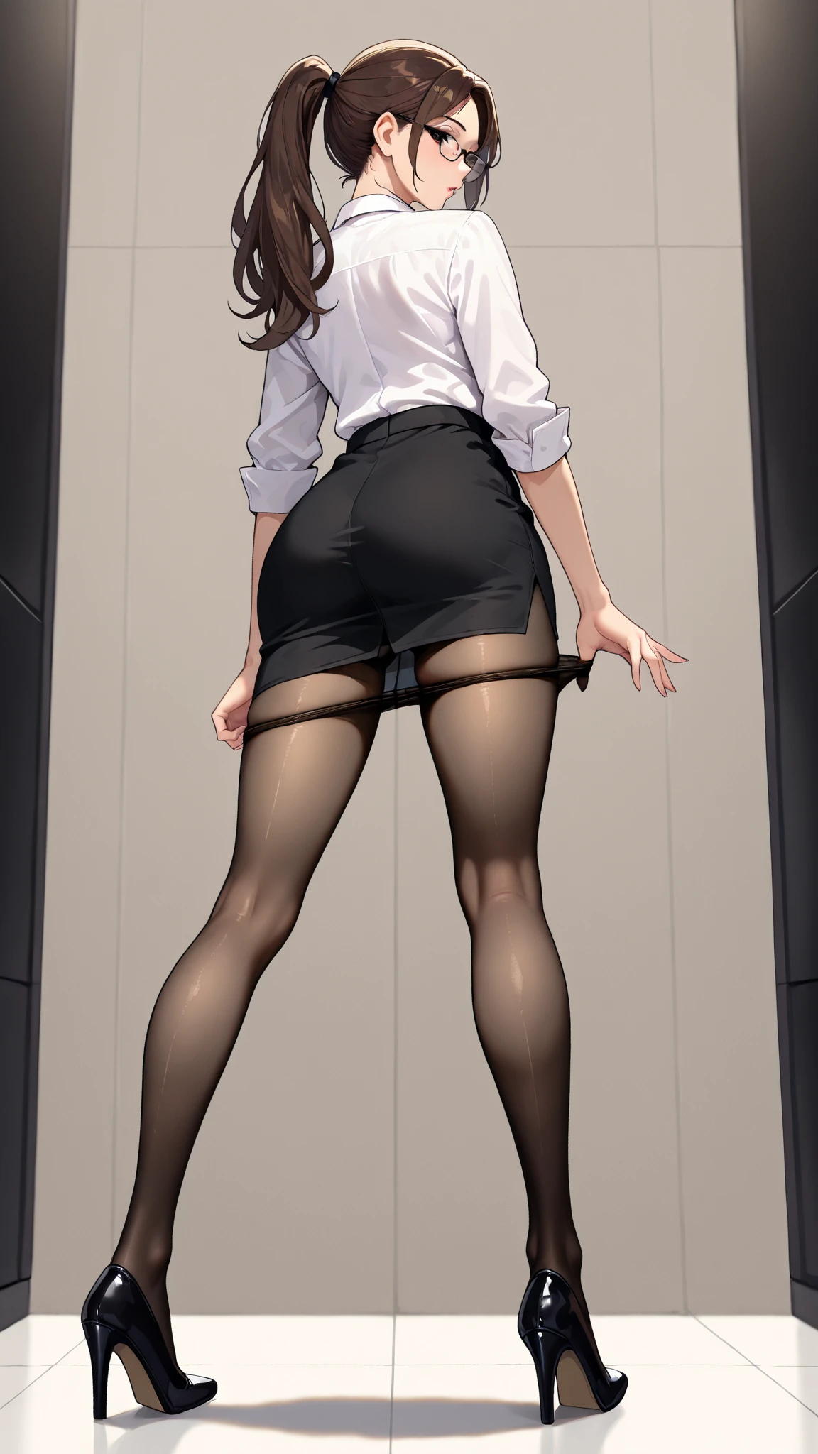nobarakugisaki, nobara kugisaki, bob cut, (brown eyes:1.7), brown hair, lips, short hair, BREAK belt, brown belt, brown stockings,white crop top, crop top overhang,wet crop top,pantyhose, pleated skirt, shirt tucked in, skirt, blue skirt,skinny fit, BREAK looking at viewer,BREAK (masterpiece:1.2), best quality, high resolution, unity 8k wallpaper, (illustration:0.8), (beautiful detailed eyes:1.6), extremely detailed face, perfect lighting, extremely detailed CG, (perfect hands, perfect anatomy),street,night,cyberpunk,neon lights, wet road,from behind,nipples,upskirt,showing panties,small ass,thin legs,heels,