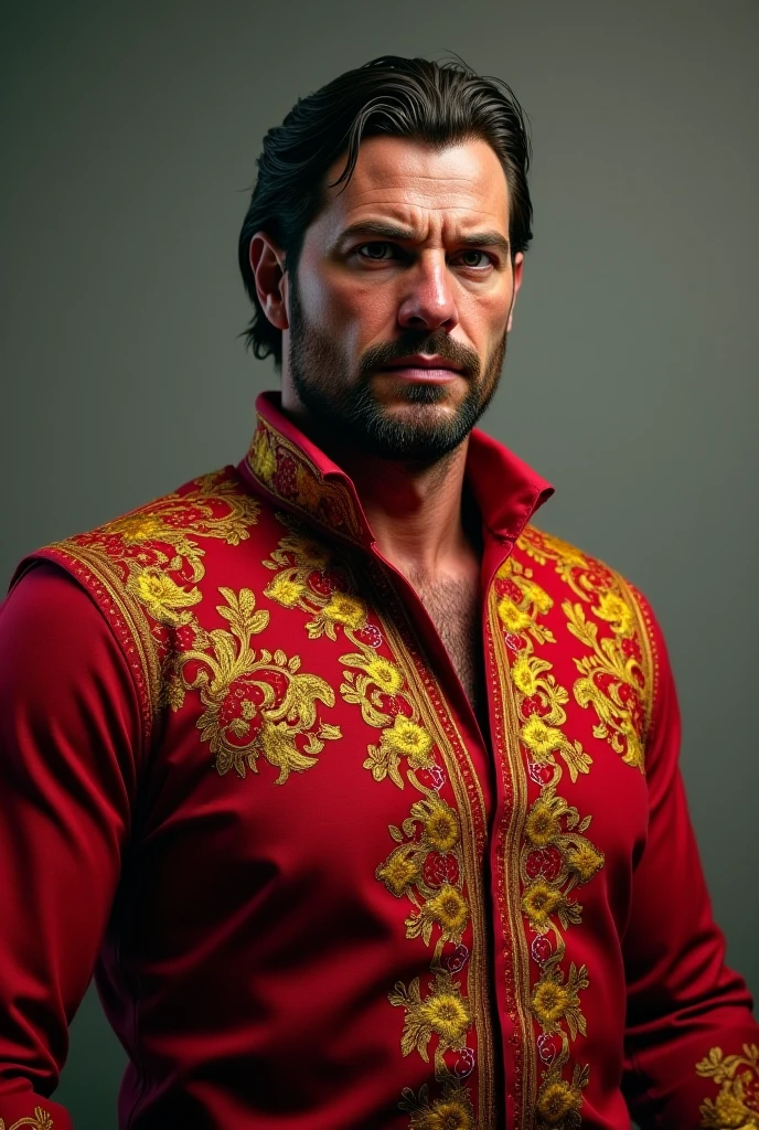 An award-winning original photo，A wild muscular man, (40 years old daddy:1.1), 1boy, Solo, (red print robe), (blue long print skirt), (white print shirt), (big shoulders, musculature, stubbles, Short beard, Beautiful eyes:1.3, ), (chengjianbin:1), (weizhenrong:1), (Detailed face:1.3), Dynamic Angle, dramatic pose, voluminetric lighting, (Best quality, A high resolution, Photorealistic), Cinematic lighting, Masterpiece, RAW photo, Intricate details, hdr,