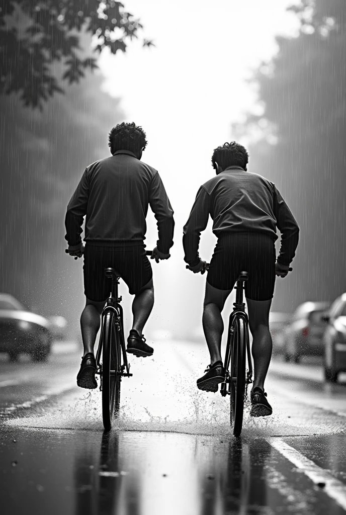 Two young men riding bicycles in the rain, their backs turned.