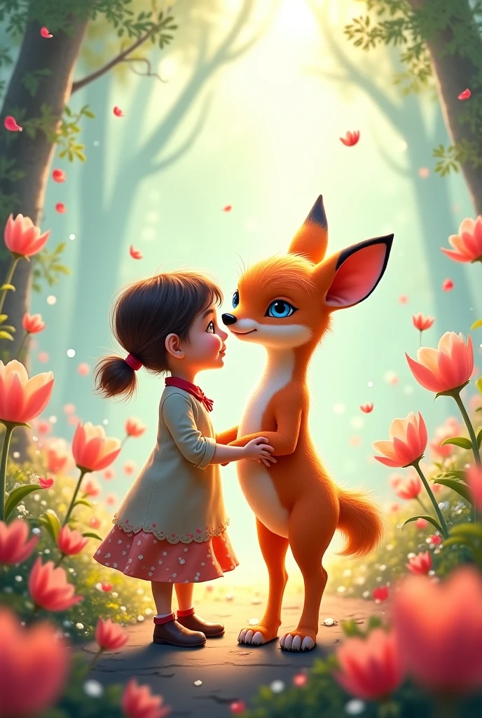 a light brown furry girl, looking at a girl in the distance with short hair, white and thin with a boy a little taller than her, hair down to the ears, that the short-haired white girl is hugging him