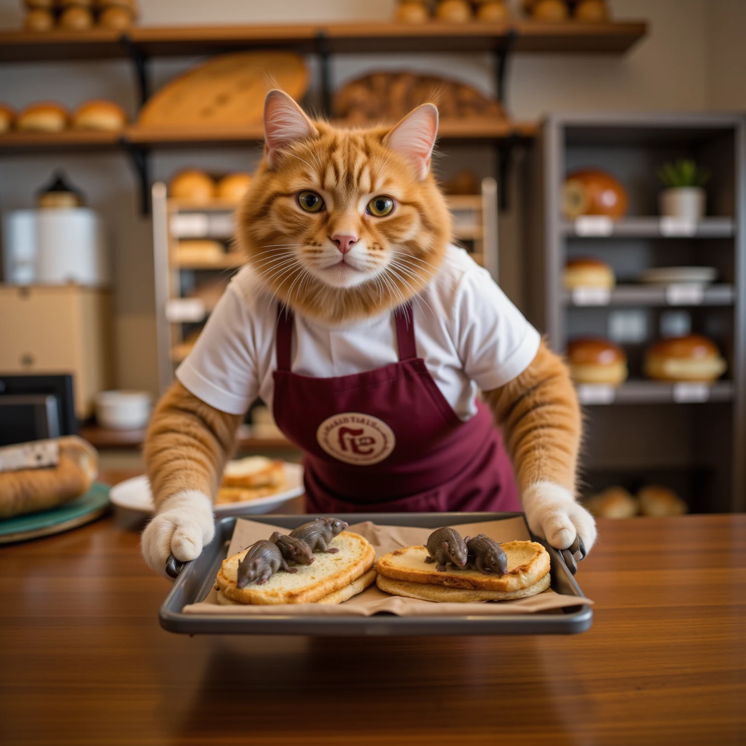 ultra sharp cinematic electrobdsm photo, photorealistic low angle portrait of young beautiful fullbreasted cute ((((cat with orange fur)))), wearing white shirt under burgundy apron with logo of a pastry shop, ((looking into camera, looking lovely kind, warm smile close up)), ((standing, holding with its furry paws a serving tray with a sandwich topped with dead mice)), sales counter full of varied pieces of pastry, cakes and cookies, wooden shelfs full of bread, baguettes and rolls in background, inside modern pastry shop), slim body, tight waist, clear bright daylight shining from side, ((((hyper detailed)))), prime lens, ((ultra sharp focus)), (8k, uhd, realistic), (hdr low saturation)

