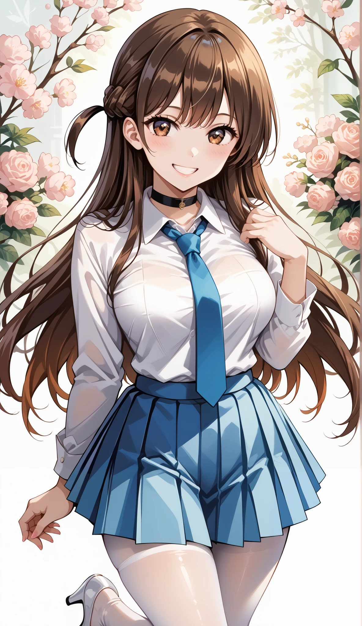 score_9, score_8_up, score_7_up, source_anime, 4K,perfect fingers,(perfect hands, perfect anatomy),prefect lighting, very aesthetic, intricate details,highly detailed background, masterpiece, high quality, best quality,
1girl,solo,chizuruichinose, chizuru ichinose, long hair, bangs, brown hair, brown eyes, one side up, ,large breast,
wearing ((Black choker, Collared shirt, White shirt, Blue tie, light beige pleated mini-skirt, white opaque tights that extend to her ankles , white low-heeled shoes, )),,
Grin in, looking at viewer, Upper Body,