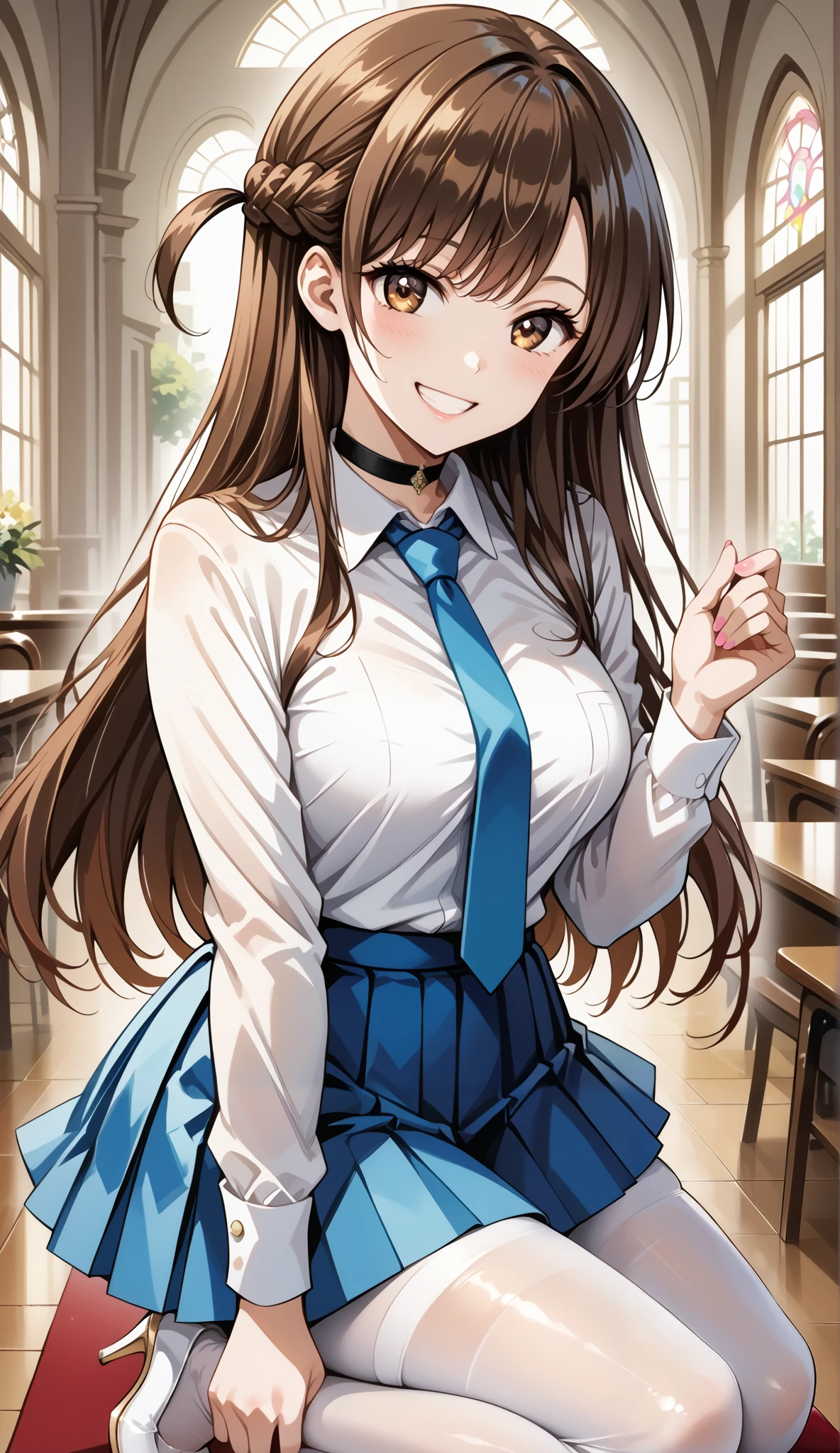score_9, score_8_up, score_7_up, source_anime, 4K,perfect fingers,(perfect hands, perfect anatomy),prefect lighting, very aesthetic, intricate details,highly detailed background, masterpiece, high quality, best quality,
1girl,solo,chizuruichinose, chizuru ichinose, long hair, bangs, brown hair, brown eyes, one side up, ,large breast,
wearing ((Black choker, Collared shirt, White shirt, Blue tie, light beige pleated mini-skirt, white opaque tights that extend to her ankles , white low-heeled shoes, )),,
Grin in, looking at viewer, Upper Body,