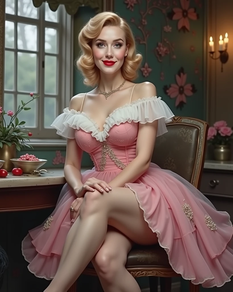 Nsfw,masterpiece, small size head, pinup, Stunning Blonde lady, pale skin, blue eyes,1940s hairstyle, stunning, smile,wearing white royal dress, black stockings ,red stilettos , she wear diamond jewels,thick calves, thick legs , big ass. She is laying on ground showing her legs.