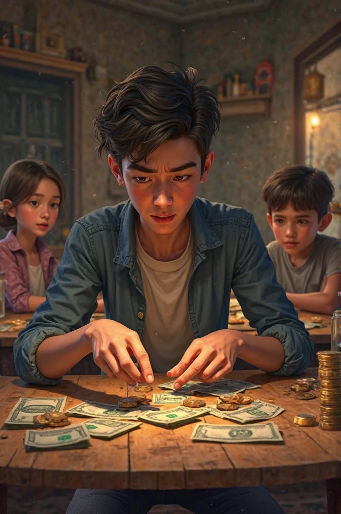 I want an image of children from 12 to 18 years old making a lot of money, a lot of dollar bills, a darker image