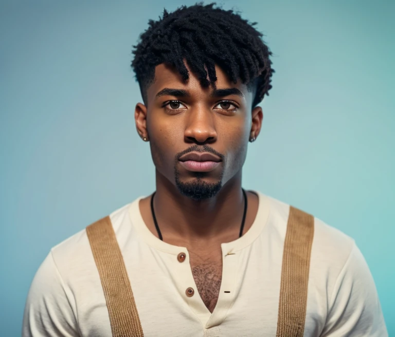 African American man, handsome, early 30s, brown eyes, kinky black hair, cinematic lighting, disco, headshot, singer, casual outfit, realistic, goatee