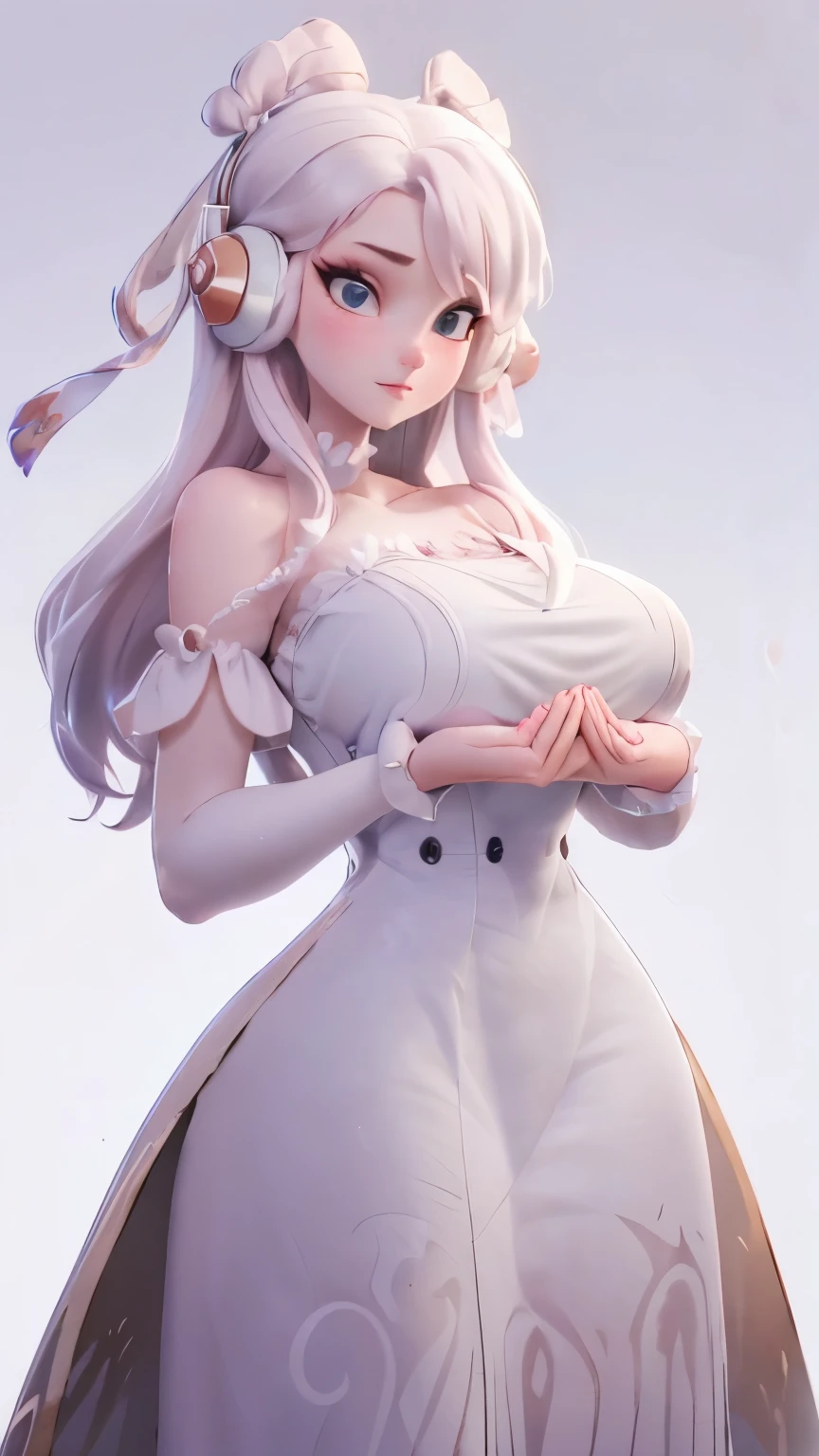 (1 girl, Alone, Masterpiece, 4k, Best Quality:1.2, (cowboy shot), Best Quality:1.2, good hands, showy, (perfect hands, perfect anatomy)), 
utaop, headphones,blush, White dress, fur over one, red and white hair, multicolor fur, High average, 
((medium breasts, big hips, looking at the viewer)), 
((simple background, White background)), 