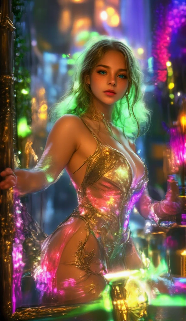 (Masterpiece, Top Quality, Best Quality, Official Art, Beautiful and aesthetic:1.2), (1Girl:1.3), Extremely detailed,(fractal art:1.2),colourfull,highest details,( Zentangle neon:1.2), (Dynamic Pose), (Abstract background neon:1.5), (treditional dress:1.2), (sparkly skin), (many colors:1.4), upper half body ,neons,16 k,Full HD, Blue Eyes, beautidful eyes, extremely detailed eyes and face, Beautiful detailed eyes, Ultra-detailed, light on the face, with long blond hair, Blonde hair, Slim Body, Fair skin, a 18 year old girl,