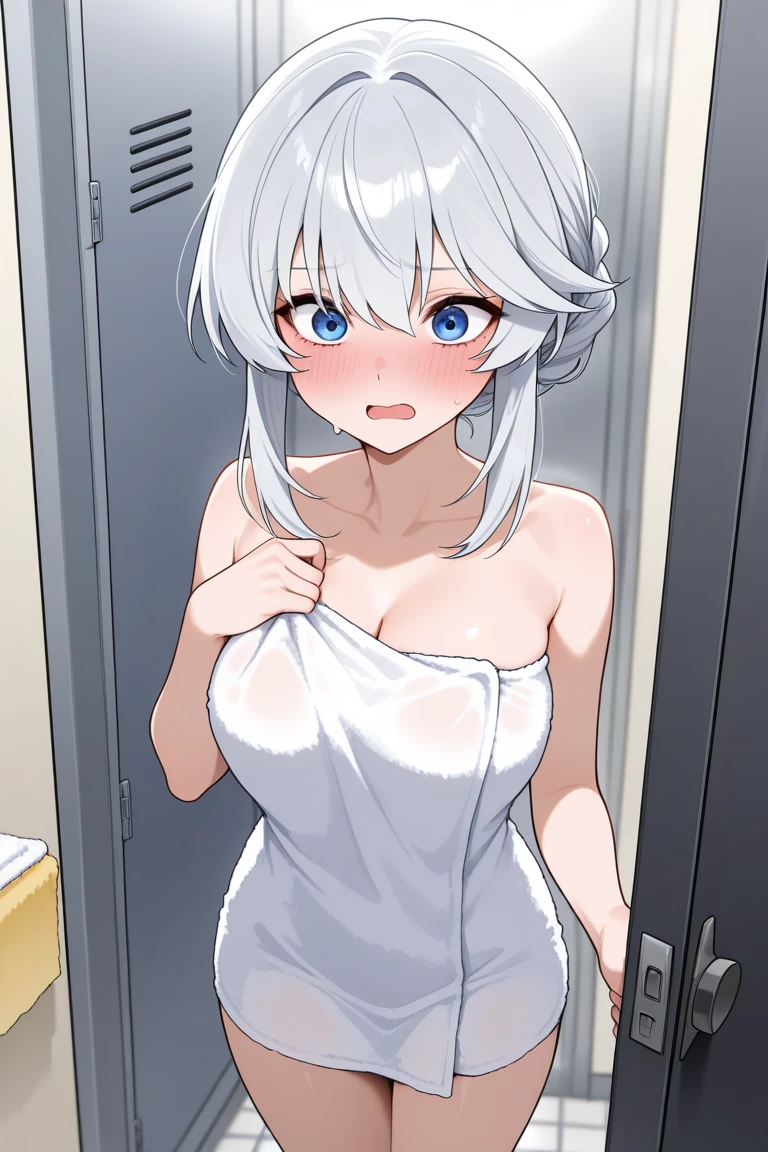 cute girl, anime, silver hair, blue eyes, feel shy, indoor, ((high quality)), small bust, cute, (young:1.2), stand, white tank top, bust, (nipple:0.95), cowboy shot, white pantie