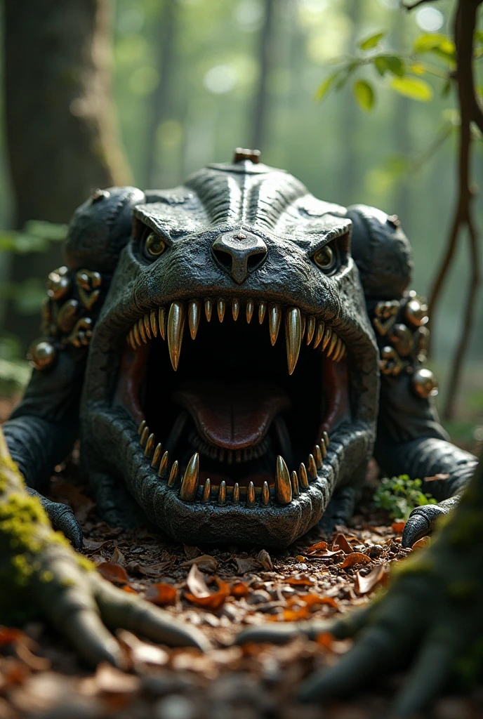 Two dead green hydra head,cut head,huge,sleep ,fin,black blood,on floor, rock floor,pine forest 