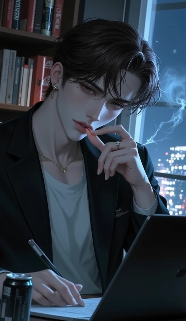 There was a man in a suit standing and looking at his cell phone., profile poses, elegant profile poses, beautiful androgynous prince, The delicate androgynous prince, Handsome anime poses, Right-hand profile, Discreet posture, People who are bisexual, Profile posing, Stand in elegant poses, Side pose, Thinking posture, Inspired by Okumura Masanobu