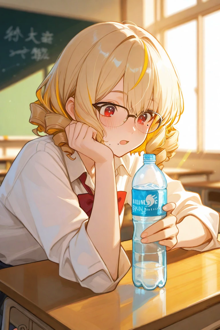 anime style, Ellen Baker, beautiful, green eyes, blonde hair, sportswear, chug a drink from a water bottle, Jersey, Show your armpits, playground (masterpiece:1.2), (lively:1.2), very detailed, perfect art, physical education class, Refreshing sweat,