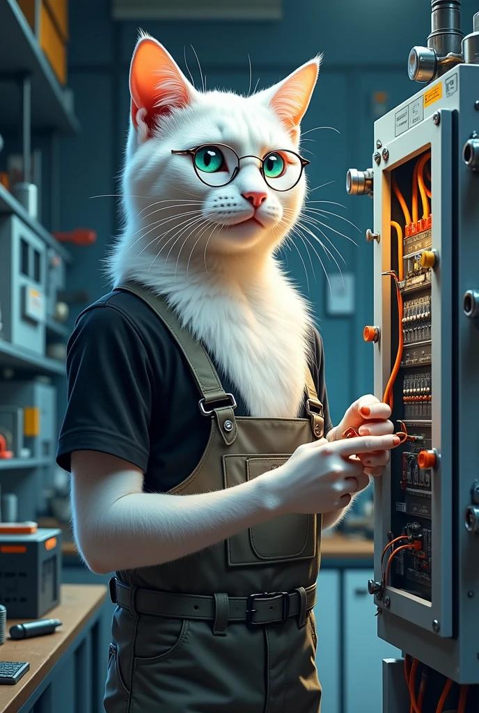 Photorealistic portrait of a cat by Van Turk, all white, eyes on one side blue and on the other green standing like a man, dressed as an industrial electrician (illustration by Simon Bisley), (hairy) (smiling happily), hand wiring in a large box with eyes riveted into the electric case, high quality, wearing glasses, very detailed (blue work), gray work pants, black t-shirt, (happy) room lighting, a long work table with electrical equipment in the background,(whole body image:2.0),score_9, score_8_top, score_7_top, score_6_top, score_5_top, score_4_top