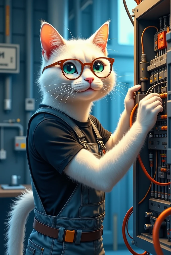 Photorealistic portrait of a cat by Van Turk, all white, eyes on one side blue and on the other green standing like a man, dressed as an industrial electrician (illustration by Simon Bisley), (hairy) (smiling happily), hand wiring in a large box with eyes riveted into the electric case, high quality, wearing glasses, very detailed (blue work), gray work pants, black t-shirt, (happy) room lighting, a long work table with electrical equipment in the background,(whole body image:2.0),score_9, score_8_top, score_7_top, score_6_top, score_5_top, score_4_top