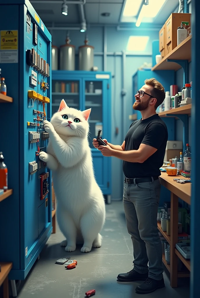 Photorealistic portrait of a cat by Van Turk, all white, eyes on one side blue and on the other green standing like a man, dressed as an industrial electrician (illustration by Simon Bisley), (hairy) (smiling happily), hand wiring in a large box with eyes riveted into the electric case, high quality, wearing glasses, very detailed (blue work), gray work pants, black t-shirt, (happy) room lighting, a long work table with electrical equipment in the background,(whole body image:2.0),score_9, score_8_top, score_7_top, score_6_top, score_5_top, score_4_top