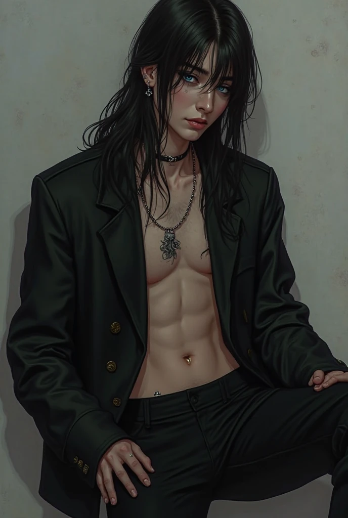 A sexy young male, black silky long hair, teal blue eyes, gothic clothing, shiny. Delicate features, no facial or body hair. Sexy pose. Surreal, Insanely detailed, Detailed face, extremely detailed texture. White, pale skin. Sexy pose. Seductive. Cute. Pretty. Male. No eye bags. Legs open. Fucking male. Purple and black. Gothic hat. Sexy pose. Seductive pose. Sensual pose.