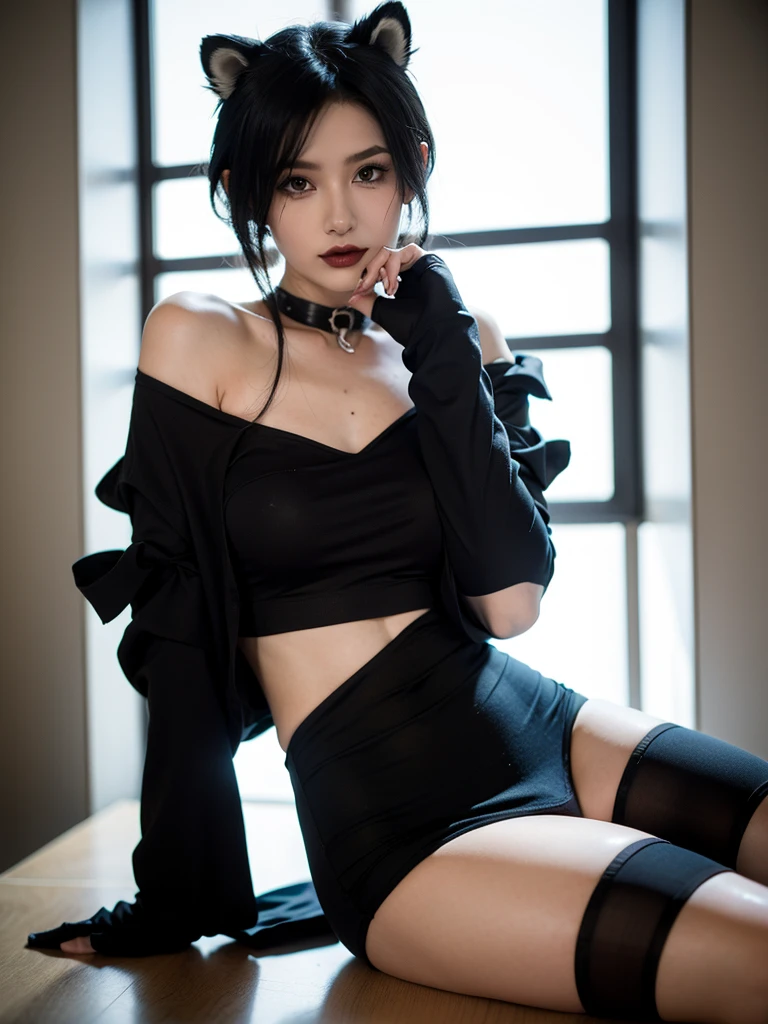 wetting full body figure cover lips with hand while laying down girl is beautiful japanese female and beautiful russian female mixed race only in the face age is 15 features of the whole body black hair medium straight bob cut hair style beautiful small face with short eyelashes boyish eyes only high nose dark blue pupils very thin upper lip milky white skin accurate attractive body shape beautiful bust waist hip s thighs knees legs choker and tie on neck wearing only a large size shirt with collar shy face kindly and slightly in bed