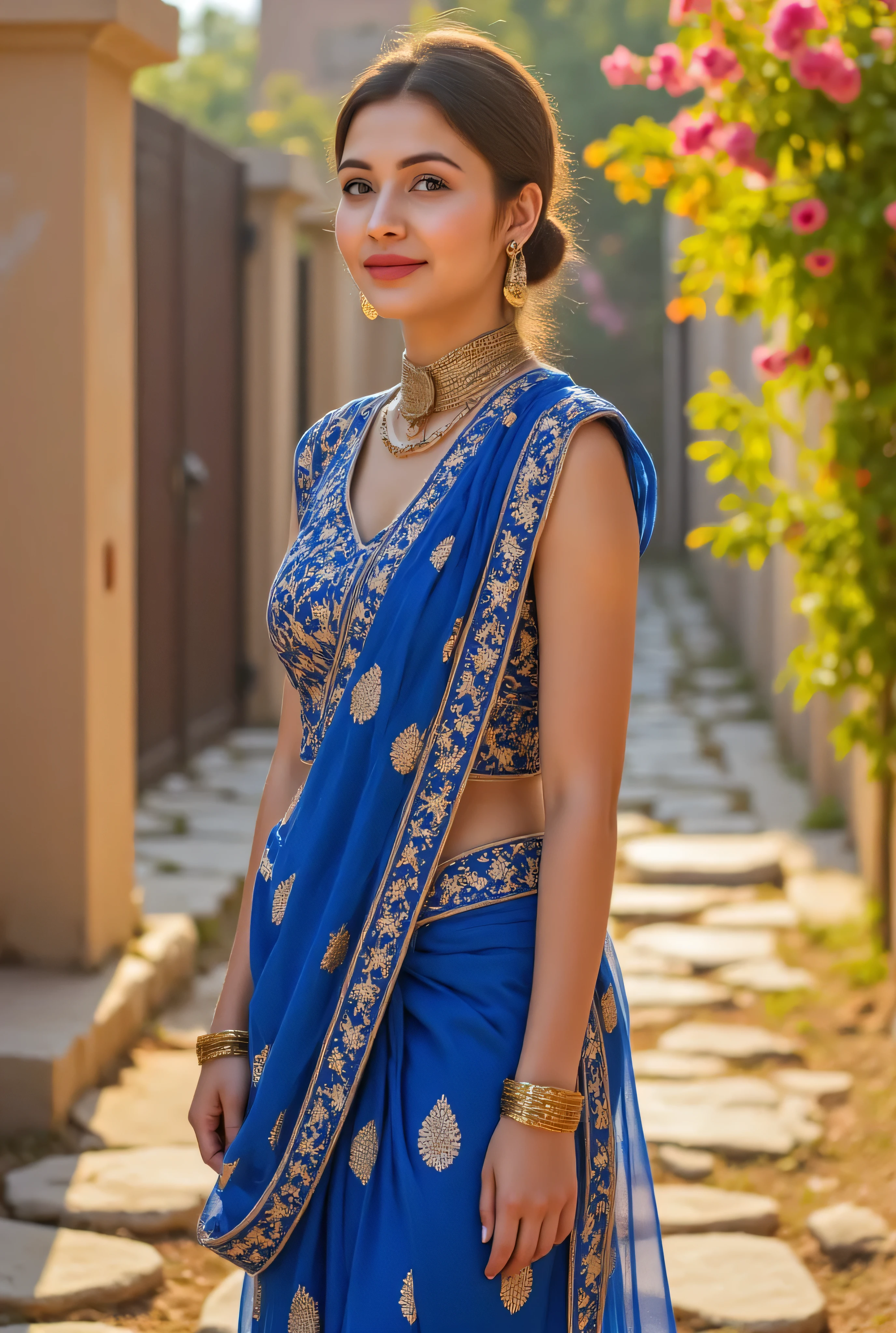 Creat a 3d realistic fatty traditional lady she is wear purple blue blend saree