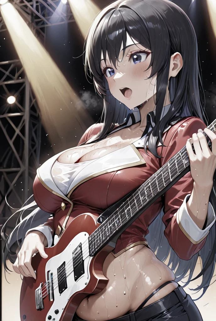 (highest quality:1.2, Very detailed, up to date, Vibrant, Ultra-high resolution, High Contrast, masterpiece:1.2, highest quality, Best aesthetics), Portraiture, girl, 独奏, singer、stage、performance、Rock Music、Bright colors、Beautiful fine details、Beautiful lip detail、midium wave hair、red and white ((streaked hair:1.6)), highlights hair: 1.5, red eyes, slim body, middium breast, (tan skin:1.1), Music band、Cheerful pose、Concert Light、Edgy Style、Skirt-style-bikini、loose fit, Dynamic Movement、hypnotic sounds、Stadium、amplifier、Loud music、shouting into the microphone, vocal, (Floral Fineline tattoo design on left arm:1), ((mike stand)), Powerful vocals、Passionate performance、Sparkling stage、Concert atmosphere、Music Festival、Full of emotion、Rock star attitude、Resolute expression、Avid Fan、The presence of an attractive stage、 (get down on one knee), Expressive gestures、Rock star aura、An exciting atmosphere、Sing with all your heart、An unforgettable show, side view
