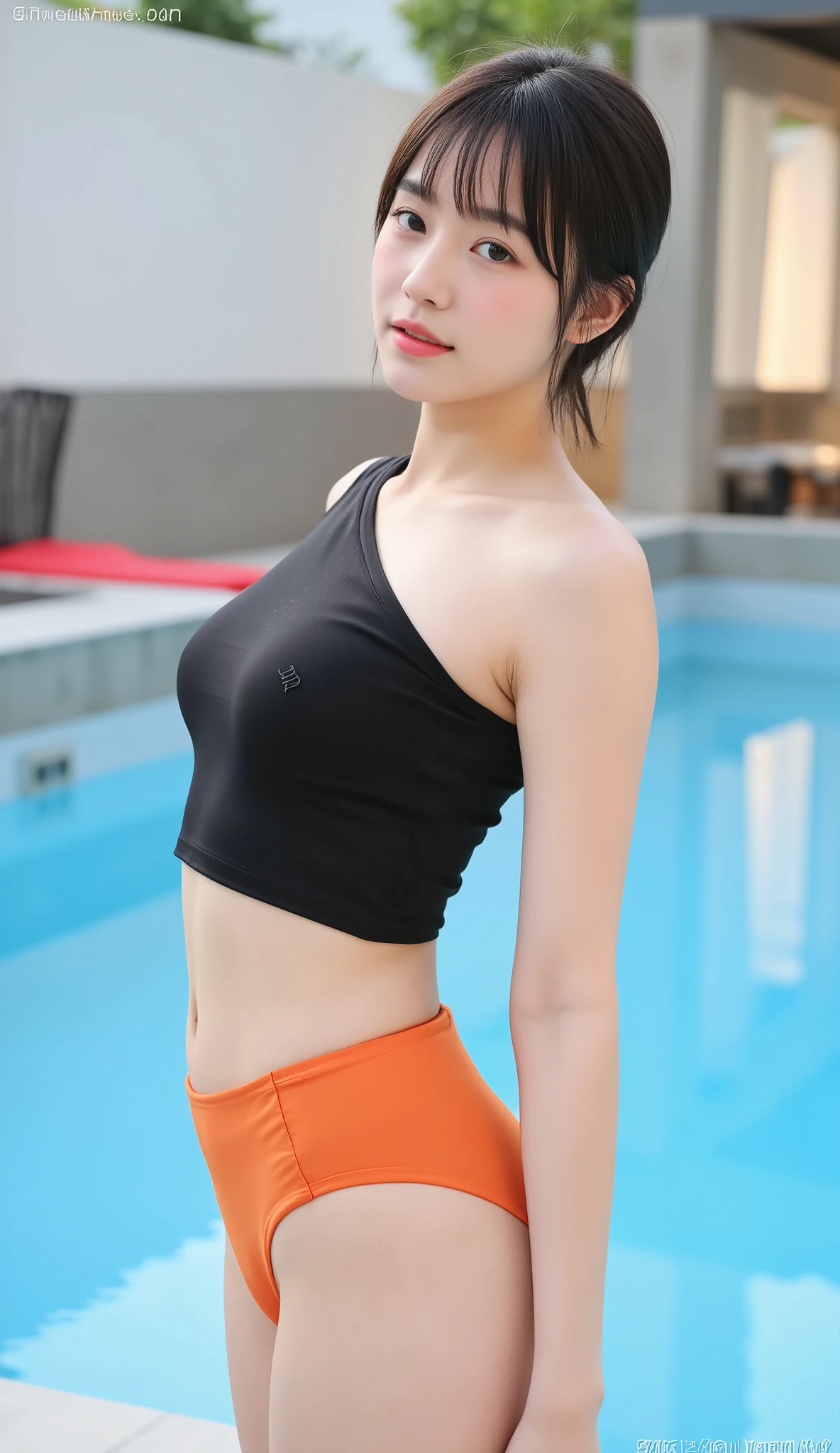 Cute dark skinned Chinese girl wearing glasses, detailed skin tight jean shorts, tight crop top, mid size butt,