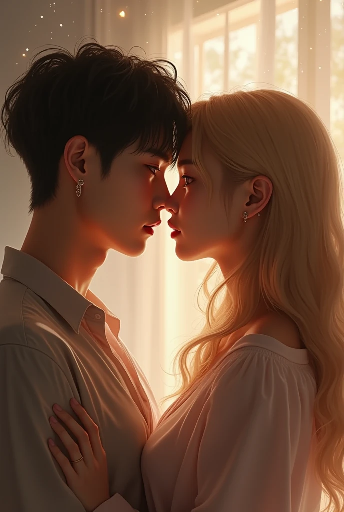 Blond woman hugs back of a man with Black dark hair. Detais, good light, perfect face