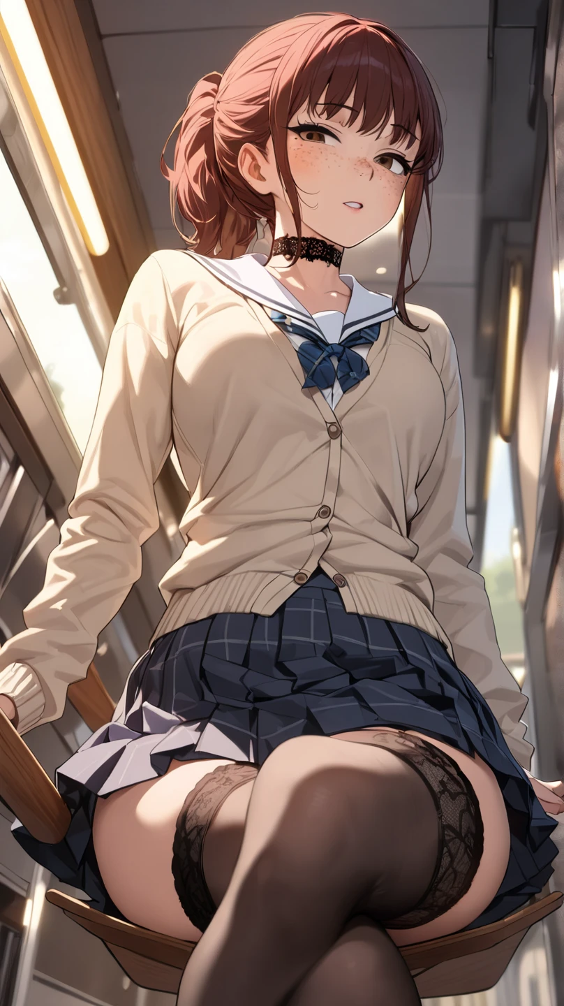 20-year-old women,,Clear images、Real women　、Brown Hair, Medium Hair〜Half-up、She is sleeping soundly with her mouth open.., Slim figure ,Breasts are a little bigger than normal , Head to toe full body shot, Shiny white high heels、 Blouse with ribbon on the chest、Checkered mini skirt, Sit comfortably in the back of the bus, 、私 threw my head back and fell into a deep sleep..,Arms hanging down. I&#39;m exhausted on the way home after work..Sleeping like the dead.My knees are open, Both feet are on the floor, sleeping face, close your eyes, Mouth wide open and drool、Tilt your head back and look up, I can rest my head on the seat and sleep soundly..., Anatomically correct,Composition looking up from the front 