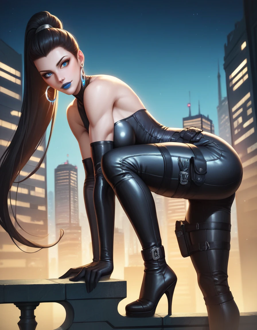 (​masterpiece、4K resolution、A hyper-realistic、ighly detailed、Turn your back), (Black Superheroes theme、Charisma、There is a girl in a Catwoman costume above the town、with his back turned。She's a superhero)、 [((25-years old)、(Long grey hair:1.2)、full body Esbian、(blue eyess:1.2))、((Sandy urban environment):0.8)|(A city scape、natta、Dinamic Light)]#illustrate:Prompts are mainly ultra high definition、very real、Describes highly detailed 4K paintings。A superheroine in a Catwoman costume is depicted at the top of the city。((Ultra-wide-angle lens shooting)), ((Shot looking up from below:1.3)), (((Neon light))),