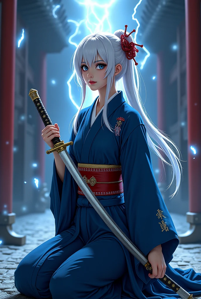 wolf with white hair and blue eyes dressed in white with strawberry print holding a katana, a blue aura around and fire in the hair