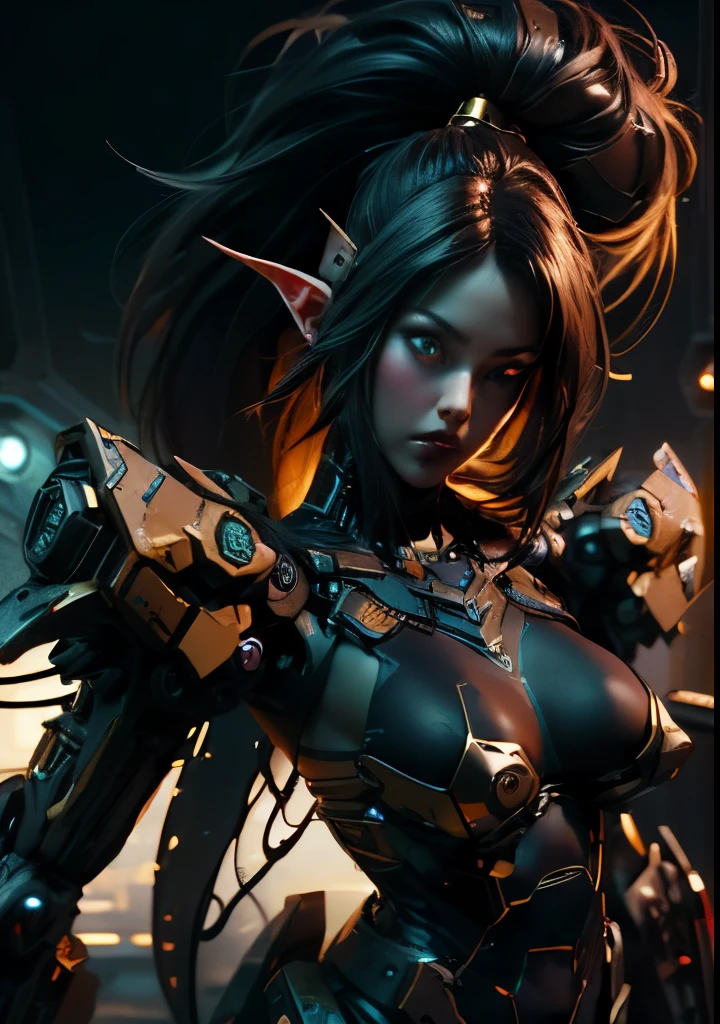   masterpiece，（  Best Quality ）, Unreal 5 Ultra HD rendering，Liquid dark chocolate material coating to create Night Elf Goth Girl，Stocking Vimi Show Restraint Girl Mecha，deep dark silent space background，dark chocolate coated saber guardian mecha，Alita builds Tenryu, Liu Yifei, a beautiful assassin，heavy metal restraint mechanical girdle，Bionic Cyberpunk Power Transforming Machine Dark Chocolate Shaping Crustacean ，neon single ponytail，Front-side fondant toy mecha modeling exhibition，Mechanical carbon fiber mid-frame structure abs, brushed waist，assembled synthetic mechanical prosthetic titty tights，sci-fi tank deformation heavy mechanical metal restraint breast device，electroplated dark gold textured machine parts splicing fuselage，Coal mine mud mixed with dark chocolate clay to make a protective film for swollen nipples，  Black Iron Carbon Fiber Nanotech Tight Protective Suit ，colorful chocolate body paint decoration metal，Majestic Heavy Complex Exoskeleton Shoulder Armor，Unreal 5 dark fantasy art rendering ，(NSFW:1.2)，(mecha girl:1.3), gundam-style armor with glowing energy veins, feminine silhouette under angular plating, neon-accented joints, flowing hair integrated with cables, holding plasma blade weapon, anime concept art by Ilya Kuvshinov and Yoshitaka Amano, dramatic battlefield lighting with explosion reflections, dynamic pose, ultra-detailed mechanical textures, 