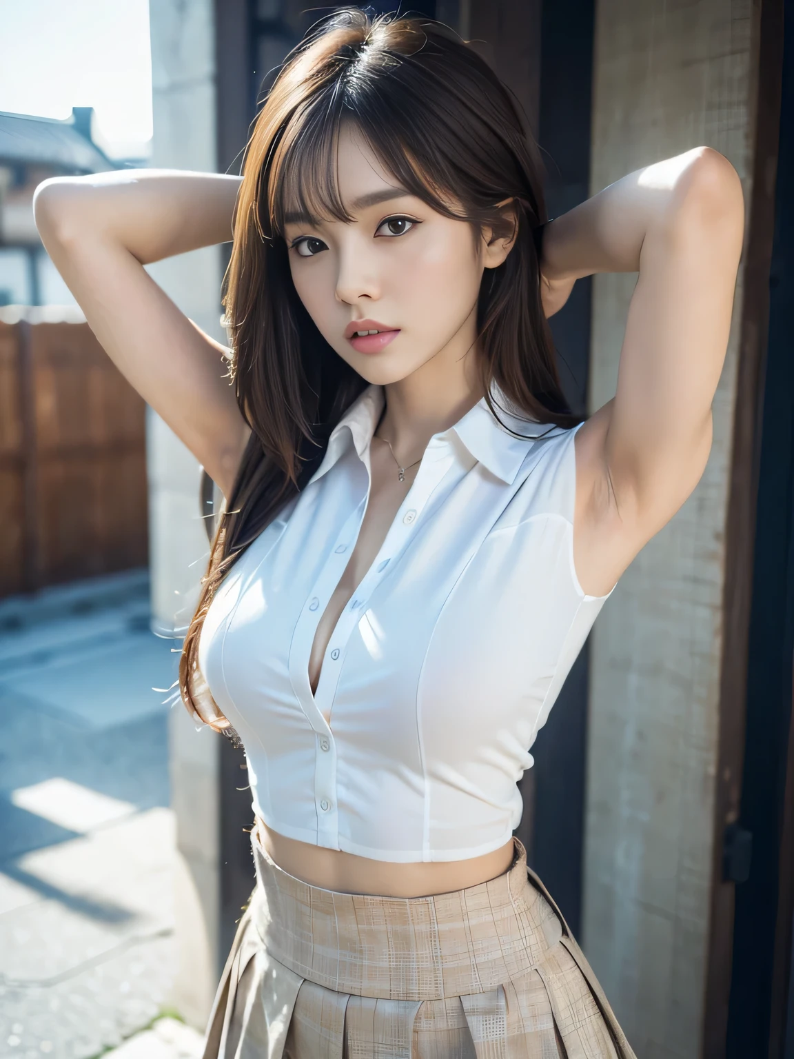 Focus area: Dynamic points (21 Points), Zoom focus, Sweat and wet clothes, Edit photo of a sports girl, Slim, Toned body, shapely legs, White skin, Green eyes, Long brown hair, 1.Height 78 cm, 17 years old, Sexy, big breasts and big breasts, Flirting posture, Arms outstretched, Translucent shirt reflective underside, Extremely detailed eyes, detailed symmetric realistic face, extremely detailed natural texture, beige blouse, décolleté, Big chest, Perfect high-detail pointers, Perfect for high detail fingers, Beautiful face, High detail perfect eyes, beautiful gradation, Beautiful girl, clean detailed, Dynamic pose, huge boob, Girl student uniform, green mini skirt, Ultra HD digital painting, Ultra-detailed ternary colors, illusory engine, Fantastical, intricately details, Complementary colors, 8K resolution, Heavy strokes, Dynamic light sources, nikon d850 film stock photograph, Kodak Portra 400 camera F1.6 shots, Extremely detailed, Amazing, finedetail, Rich colors, hyper realistic lifelike texture, Dramatic lighting,cleavage