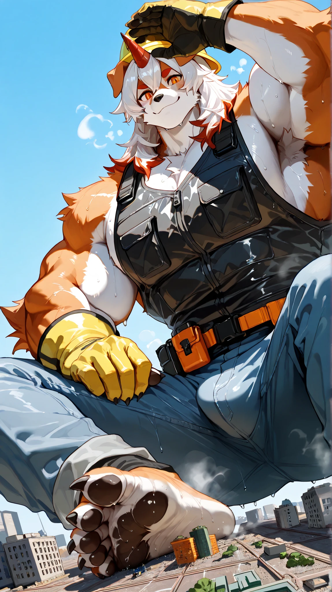 score_9, score_8_up, score_7_up, score_6_up, furry, anthro, solo, hung, perro, arknights, two-tone fur, medium hair, white hair, single horn, orange eyes,(macro size: 1.9), (a giant furry hung in a fantasy town: 1.1), describe image of a giant hung doing something in a fantasy town,musk, ((musk steam at body)), ((musk steam at groin)), sweaty, bulge,
dutch angle, closed mouth, construction site background, construction worker, yellow hard hat, (black safety vest:1.1), (yellow safety vest:0.9), shirtless, brown work gloves, tool belt, denim jeans, , 肌肉, 大, big 肌肉, ((大 肌肉)), 主导的, 粗糙的, 腹肌, 八块腹肌, 胸肌, big 胸肌, (宽阔的肩膀, 宽胸肌, 大 pec 肌肉 thick arms),Dominate everything,Score_9, Score_8_up , Score_7_up , Score_6_up , furry, doll, alone, Hung, dog, Tomorrow's Ark, two-color fur , medium length hair, White hair, Single corner, orange eyes,a tall man,(Giant: 1.2) ,(side view of a closeup Hung foot: 1.2), (ultra closeup of a Hung foot only: 1.3), (furry Hung: 1.1), simple background, (ultra closeup of Hung feet: 1.2), (shorten: 1.2), (closeup Hung foot: 1.2), Sitting, (Showing claws: 1.1), (Giant: 1.2),Sweating,Strong muscless
large , ((50 feet tall)), muscles, large , large muscles, (( large muscles)), lead, Rough, Abdominal muscless, 八块Abdominal muscless, Chest muscless, large Chest muscless, ( broad shoulder, 宽Chest muscless, large pec muscles thick arms),Dominate everything
mature, rugged, Armpits, bulge
Dutch perspective ,, Relaxed expression ,( A gentle smile), Wet fur, Wet hair, looks at the audience, 迷你工人在hung的腋窝里