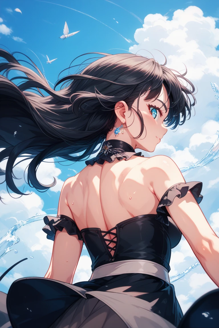 NSFW,((masterpiece)),(((highest quality))),((Super detailed)),((((Anime-like)))),((messy hair)),((frills)),(1 girl),(alone),be happy、sex from behind, (((butt focus))),,lipstick,dynamic angle,big sleeves,floating,beautiful detailed sky,beautiful fine water,detailed and beautiful eyes,exposed,(fist),No expression,blunt side bangs,hair between eyes,ribbon,A bow tie,button,bare shoulders,(((small breasts))),fine wet clothes,gaping face,pleated skirt,flowers 、beautiful anime