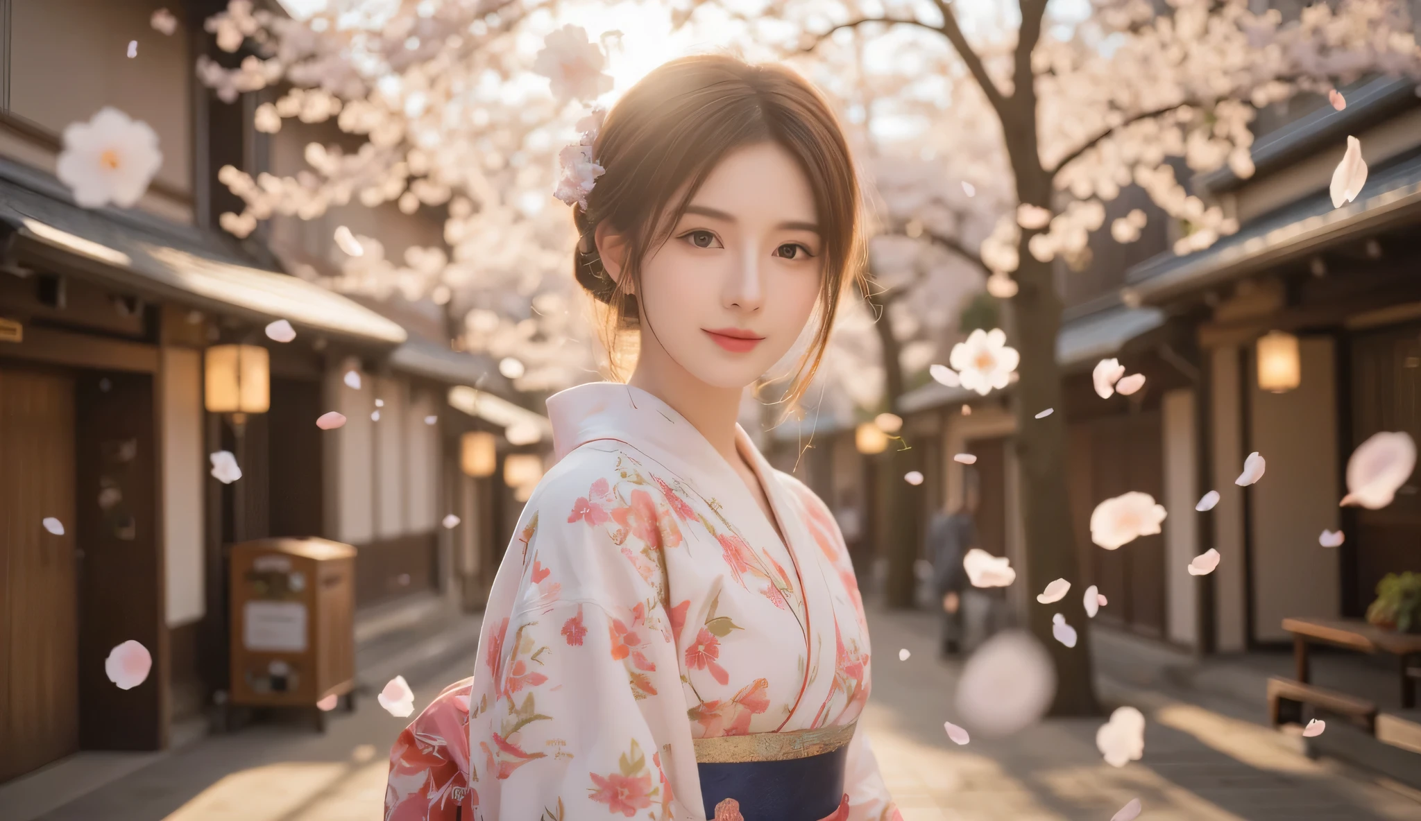 A woman is wearing a kimono, the streets of Kyoto, Japan, lots of cherry blossoms falling, the setting sun is shining in, the woman is looking back and smiling slightly, a fantastical landscape