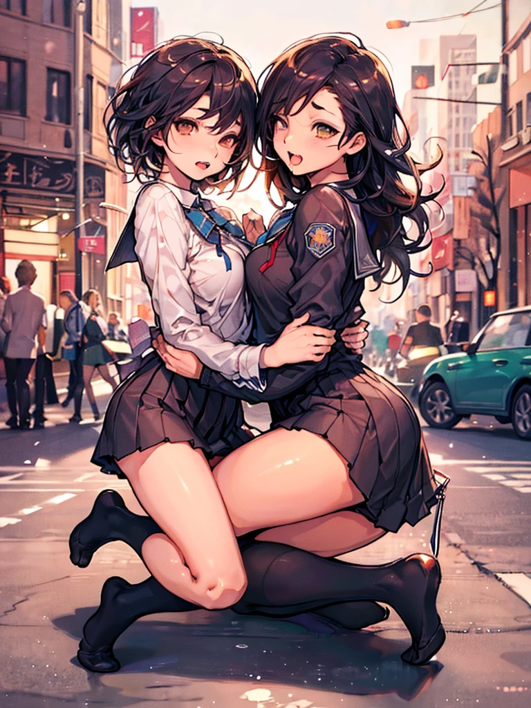 NSFW, masterpiece, (realistic, photo realistic:1.2), ((highest quality), extremely fine and beautiful, beautiful face details, real human skin, realistic, photorealistic, 2girls, smile on face, cow-boy shot, Hair braided. School uniforms, shirt with collar, necktie, huge long breasts, tiny breasts, Naughty thighs, White shirt, Open shirt, White underwear, (fingering, female masturbation:1.2), (wind, wind lift., Skirt lifted by the wind, Skirt rolled up by the wind, Skirt flutters:1.5), (Fully exposed panties:1.5), (white ribbed panties:1.5)