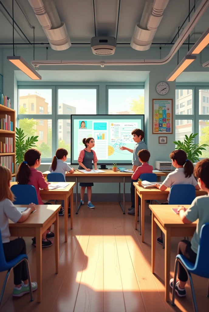 Depicting a bright classroom，Full of technology。Students in the classroom can use VR glasses for virtual reality learning，They can explore various scenarios and knowledge in an immersive way。at the same time，There are also students drawing cartoon characters，Showing their creativity and artistic talent,The students were discussing with each other very intensely.，Showing your own project plans and design ideas
