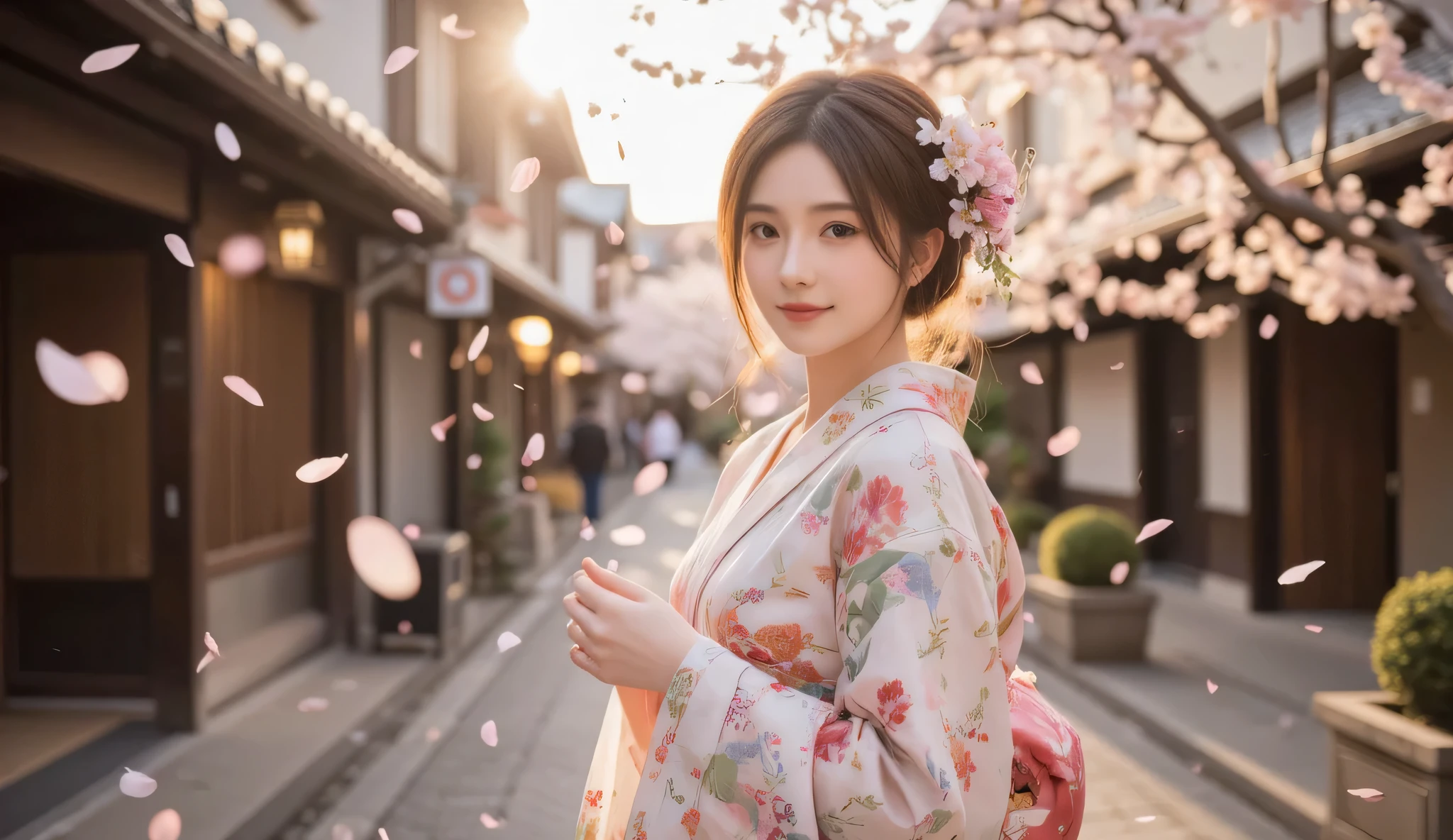 A woman is wearing a kimono, the streets of Kyoto, Japan, lots of cherry blossoms falling, the setting sun is shining in, the woman is looking back and smiling slightly, a fantastical landscape