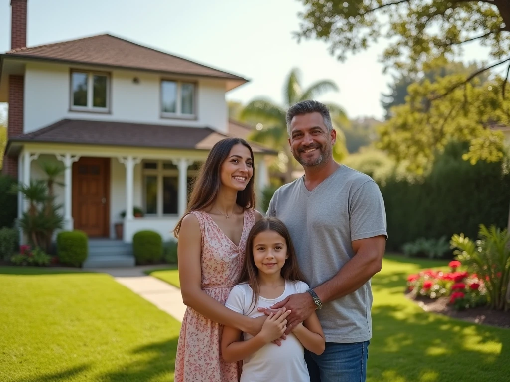 realistic photo of a ((happy family with a father, mother and (their children, 1 boy and 1 girl))) their house in the background, Canon EOS R6, HDR camera, ((focus sharp)), masterpiece, ((high quality)), RAW, one shot, high resolution, (ultra realistic:1.2), , UHD, ccurate, ((anatomically correct:1.2)), textured skin, super detailed, high quality, award winning, 16k