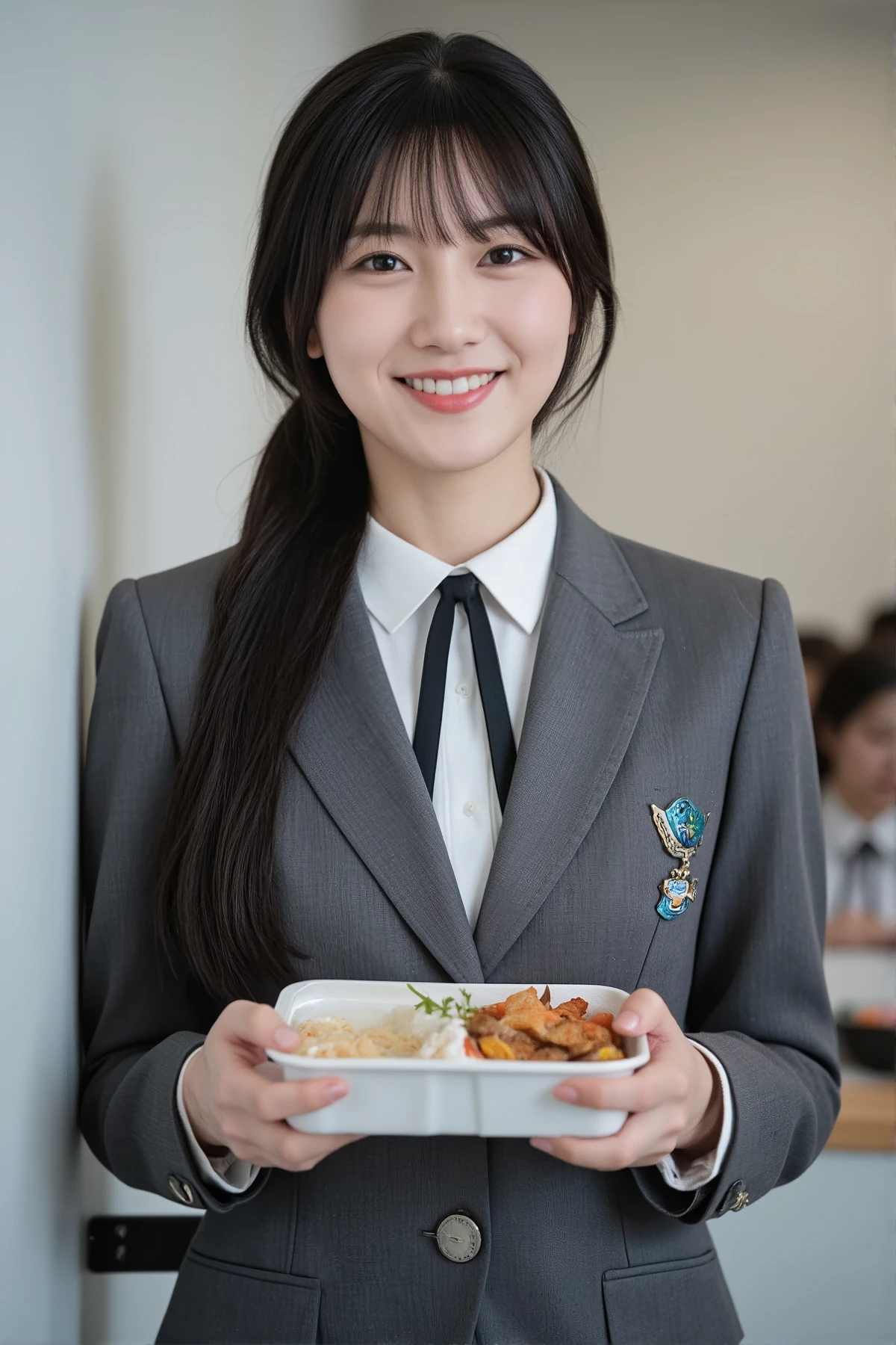(mature adult woman wears a1By people),beautiful black hair,super straight hair,With bangs,long hair, realistic person images in dark waters,Realism,Best Quality,mastepeice,top quality,best image quality,highest resolution,fine details,Beautiful detailed face,black eyes,((realistic skin)),((school classroomで)),detailed background,( accurate body),(perfect body),(((upper body))),((Realismのある肌)),((smiling happily)),(((super big ))),((((Wear the school's designated uniform)))),(((school classroom))),((holding a lunch box in hand)),(open mouth),(((wears a school-designated student uniform)))