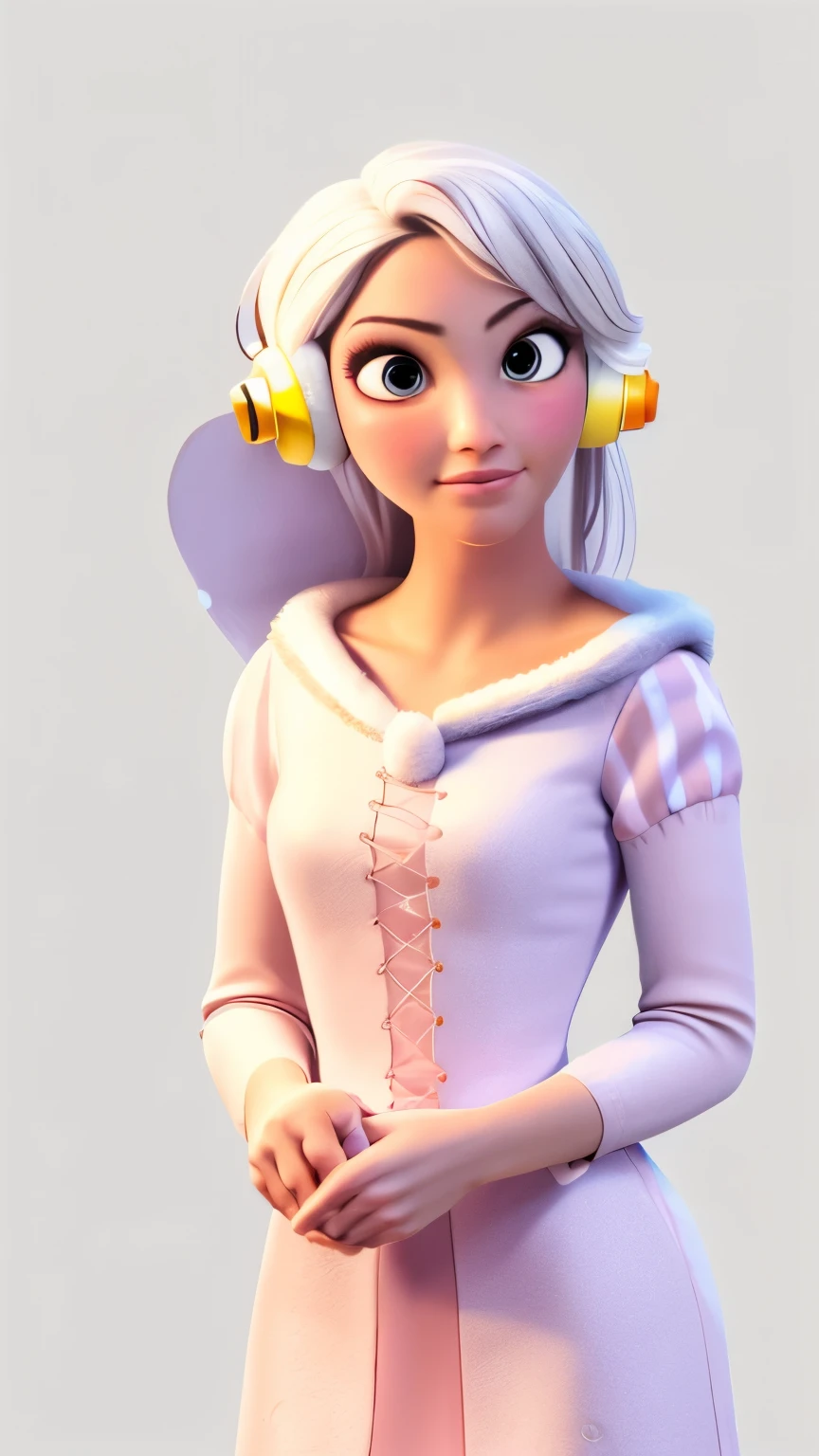 (1 girl, Alone, Masterpiece, 4k, Best Quality:1.2, (cowboy shot), Best Quality:1.2, good hands, showy, (perfect hands, perfect anatomy)), 
utaop, headphones,blush, White dress, fur over one, red and white hair, multicolor fur, High average, 
((medium breasts, big hips, looking at the viewer)), 
((simple background, White background)), 