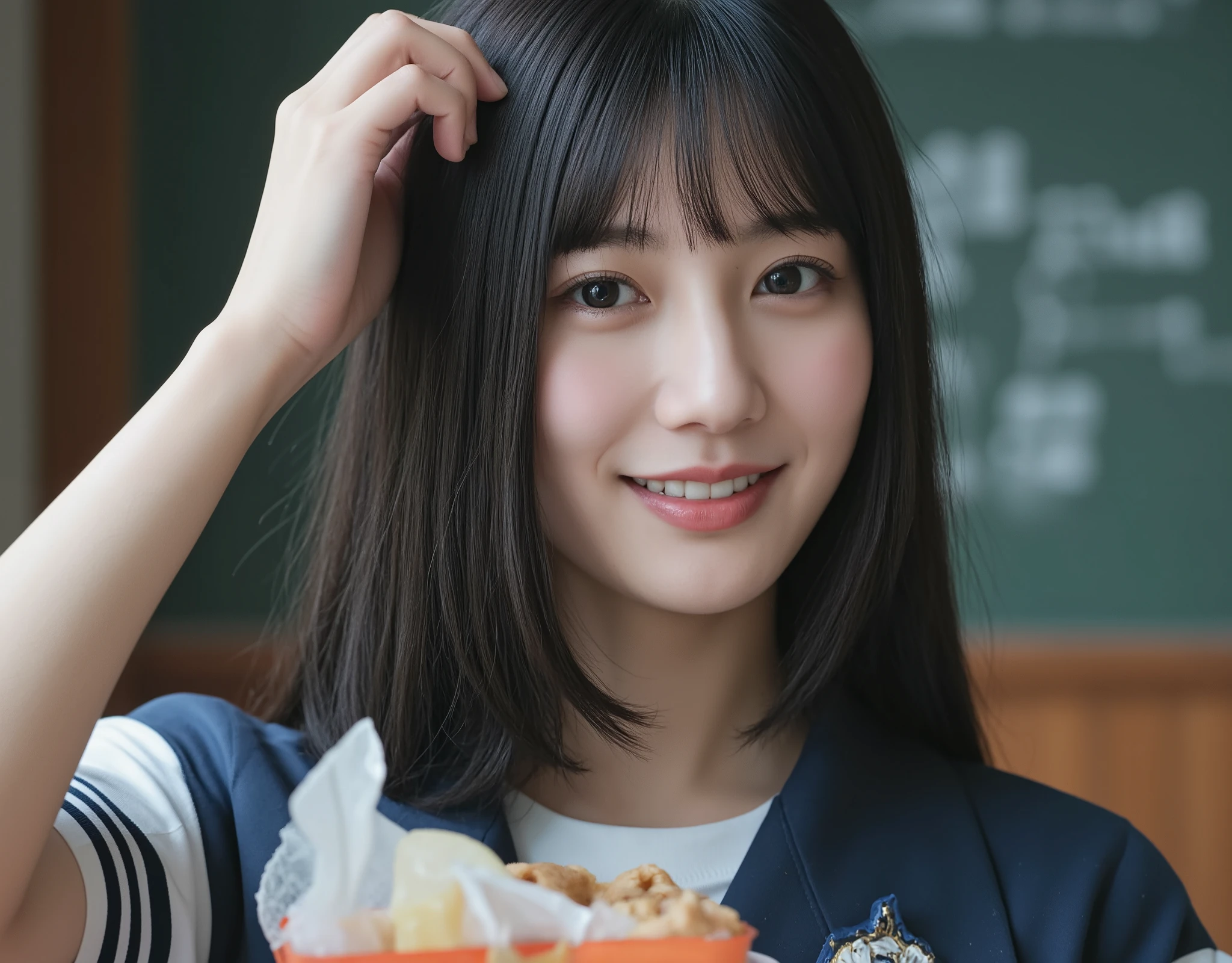 (mature adult woman wears a1By people),beautiful black hair,super straight hair,With bangs,long hair, realistic person images in dark waters,Realism,Best Quality,mastepeice,top quality,best image quality,highest resolution,fine details,Beautiful detailed face,black eyes,((realistic skin)),((school classroomで)),detailed background,( accurate body),(perfect body),(((upper body))),((Realismのある肌)),((smiling happily)),(((super big ))),((((Wear the school's designated uniform)))),(((school classroom))),((holding a lunch box in hand)),(open mouth),(((wears a school-designated student uniform)))