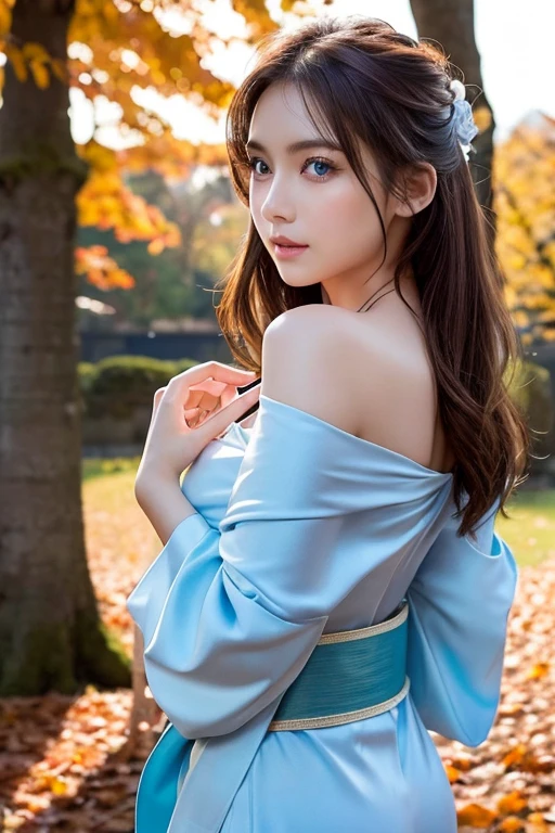 (masutepiece:1.3, Photorealsitic:1.4, 8K), top-quality, masterpiece, 超A high resolution, Professional camera work, Grow Light Effect, Realistic portrait, Cinematic Light, Highly detailed skin and facial texture:1.3, Perfect dynamic composition, The ultra-detailliert, A detailed eye, Detailed limbs, autumn night, Lit up, Autumn foliage scenery:1.2, 1girl in, Cute sexy 24 year old slim woman, Fair skin, Autumn leaves are dancing:1.2, (Enraptured look:0.9, Totally captivates you:1.0), (Golden kimono:1.35 off shoulder), (voluptuous breasts:0.9), (Backshots, Calm pose), (Beautiful blue eyes, Eyes that feel beautiful eros:0.85), Sexy face:0.4, (A mouthfeel that feels beautiful eros:0.85), ((Too cute beauty:0.9))