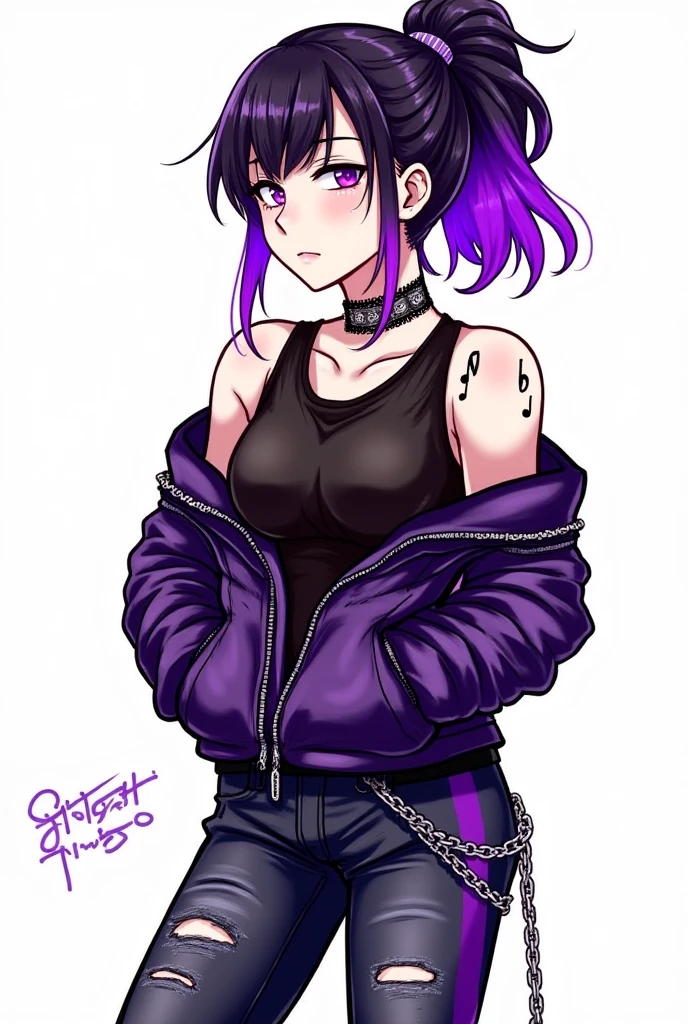 Razorblade Roxy (Roxanne Blackwood) as a young woman singer in seinen manga style: Hair: in pigtails, dyed hot pink and black, styled wild and messy. Eyes: purple, heavily made up with black eyeliner. Skin: Fair with numerous tattoos visible on arms. Build: Slim and athletic. Height: Average, approximately 1m65. Clothing style: Extreme punk, mixing leather, tartan, and metallic accessories, black top with a rebellious pattern, black skirt with black and black and purple checks.