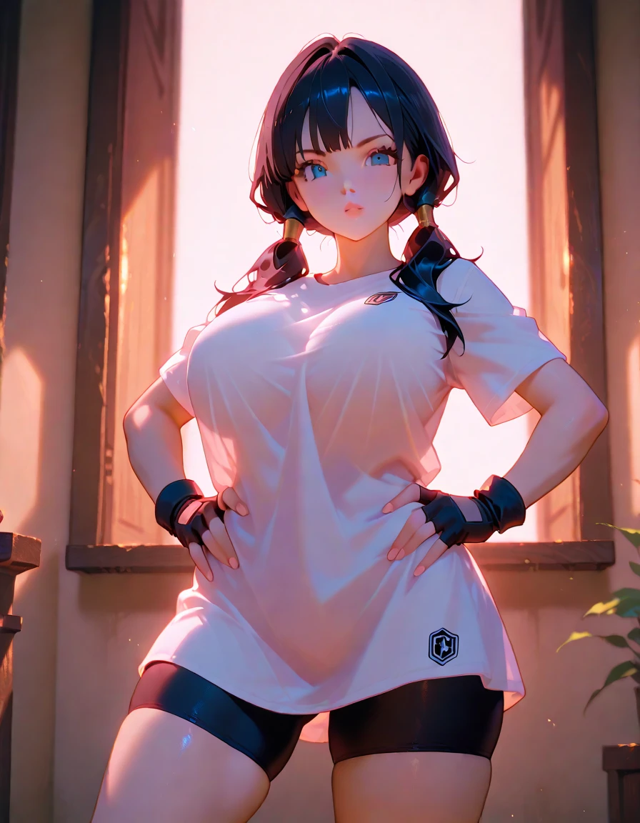 perfect anatomy,pov,masterpiece,anime,Awards,high quality,High resolution,HD,4K,8K,professional lighting,look at viewer,A provocative smile,In heat,(large breasts:1.4),underbust,(petite),Thigh focus,(closeup crotch:1.3),shorts,groin,(bevelling breasts:1.4),(Chewy breasts:1.2),(perspective:1.3),snu snu,T-shirt,Imminent Penetration,oily clothe