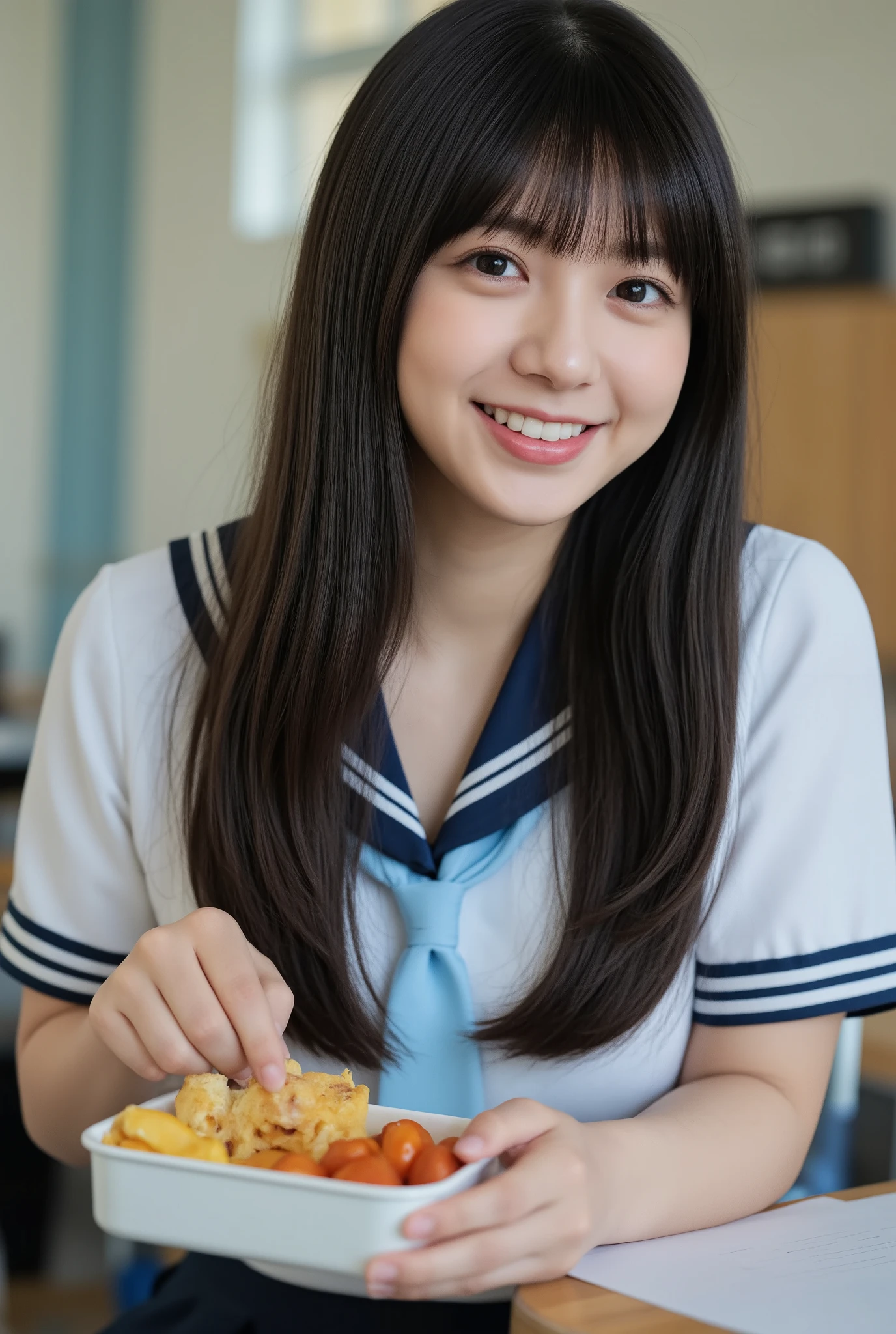 (mature adult woman wears a1By people),beautiful black hair,super straight hair,With bangs,long hair, realistic person images in dark waters,Realism,Best Quality,mastepeice,top quality,best image quality,highest resolution,fine details,Beautiful detailed face,black eyes,((realistic skin)),((school classroomで)),detailed background,( accurate body),(perfect body),(((upper body))),((Realismのある肌)),((smiling happily)),(((super big ))),((((Wear the school's designated uniform)))),(((school classroom))),((holding a lunch box in hand)),(open mouth),(((wears a school-designated student uniform)))