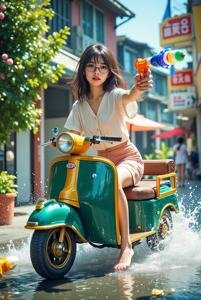 ((top quality)), ((傑top quality、masterpiece、high sensitivity、high definition、detailed description、Delicate Face Depiction)),((Slender Woman、wearing glasses)),tuk tuk with a water gun、Ride a、Let the water fly、